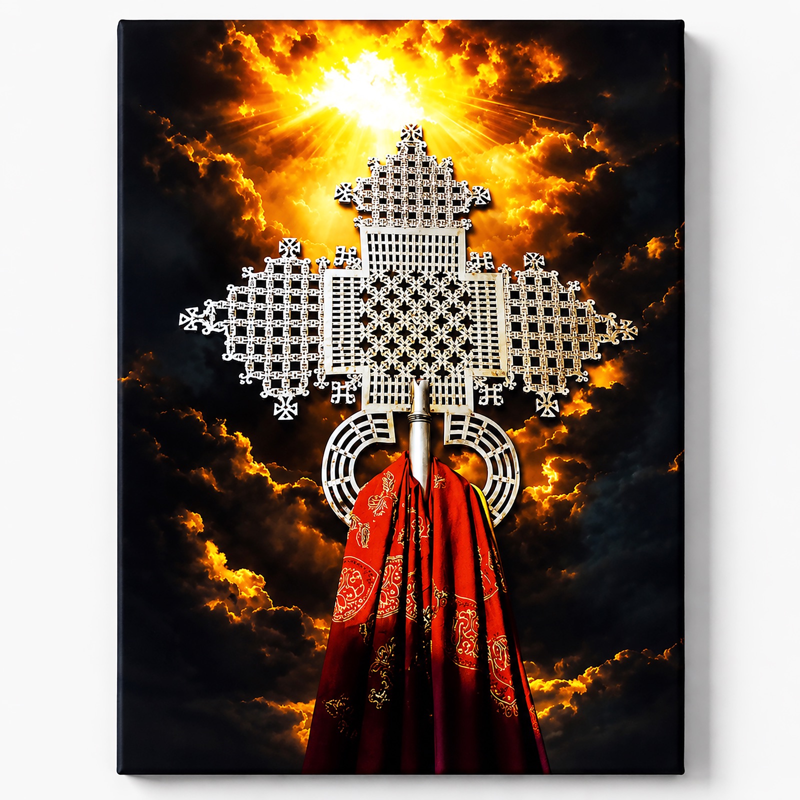Ethiopian Orthodox cross with red robe against a dramatic sky, printed on canvas