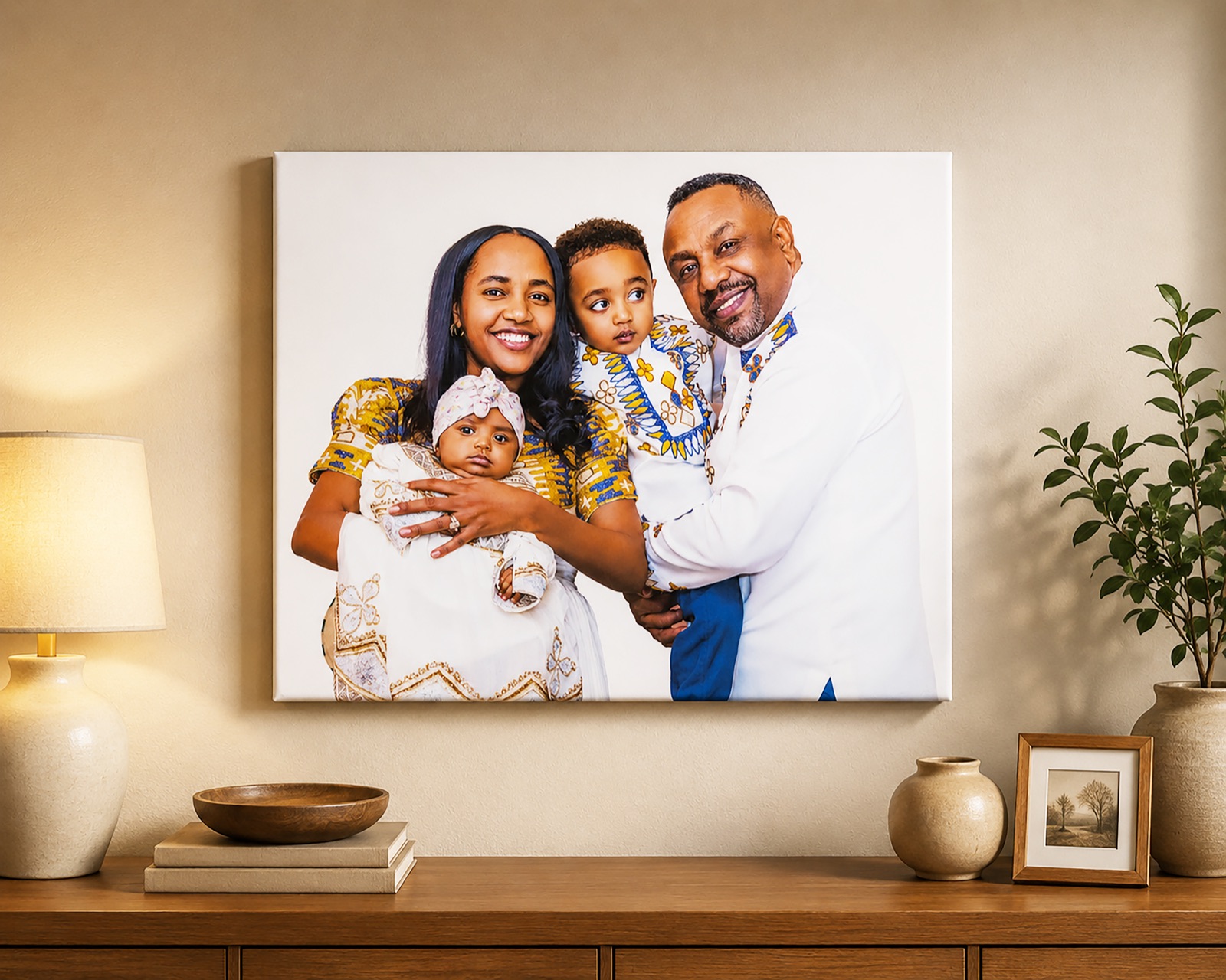 Custom family portrait printed on canvas, displayed on a living room wall