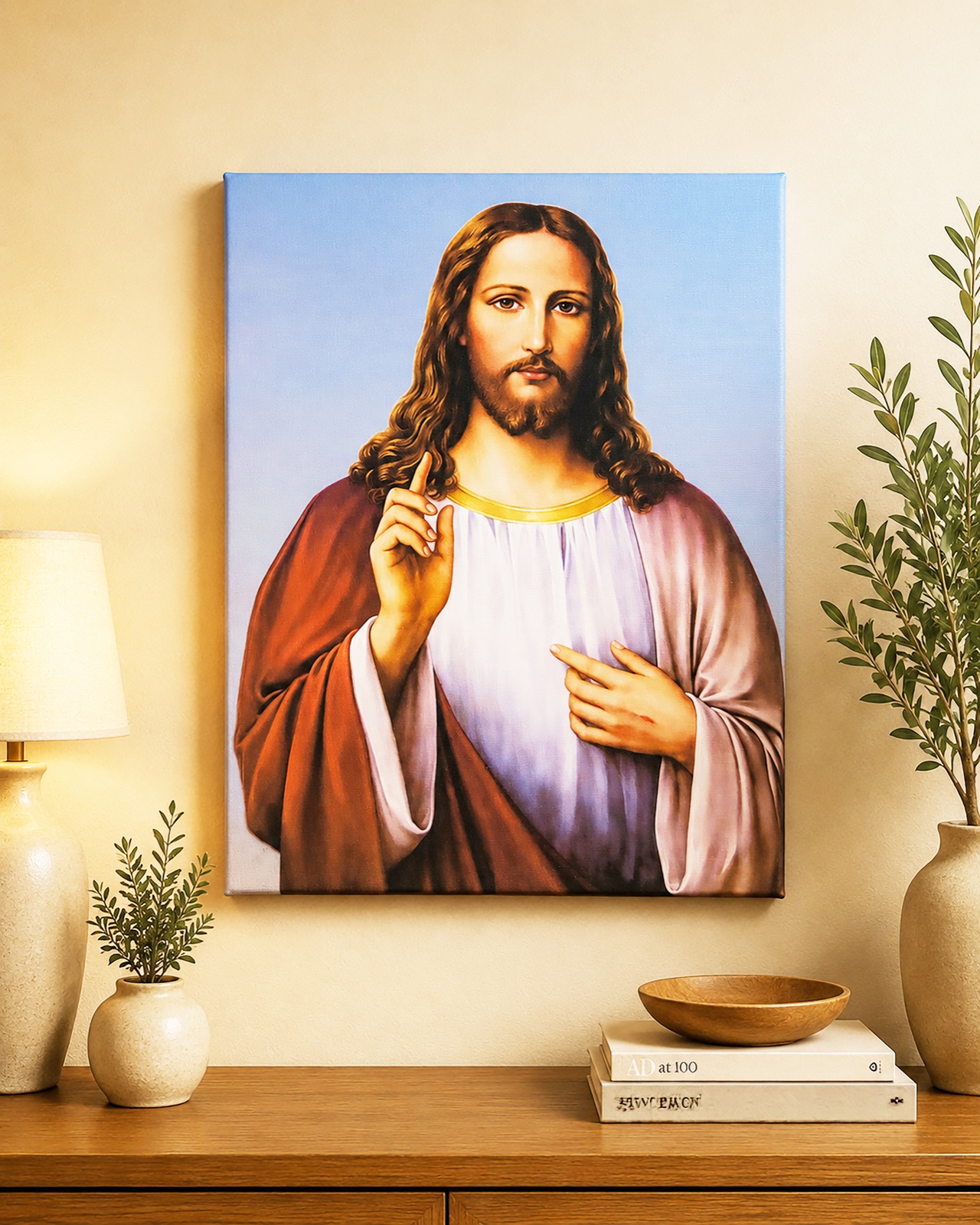 Canvas portrait of Jesus displayed on a living room wall
