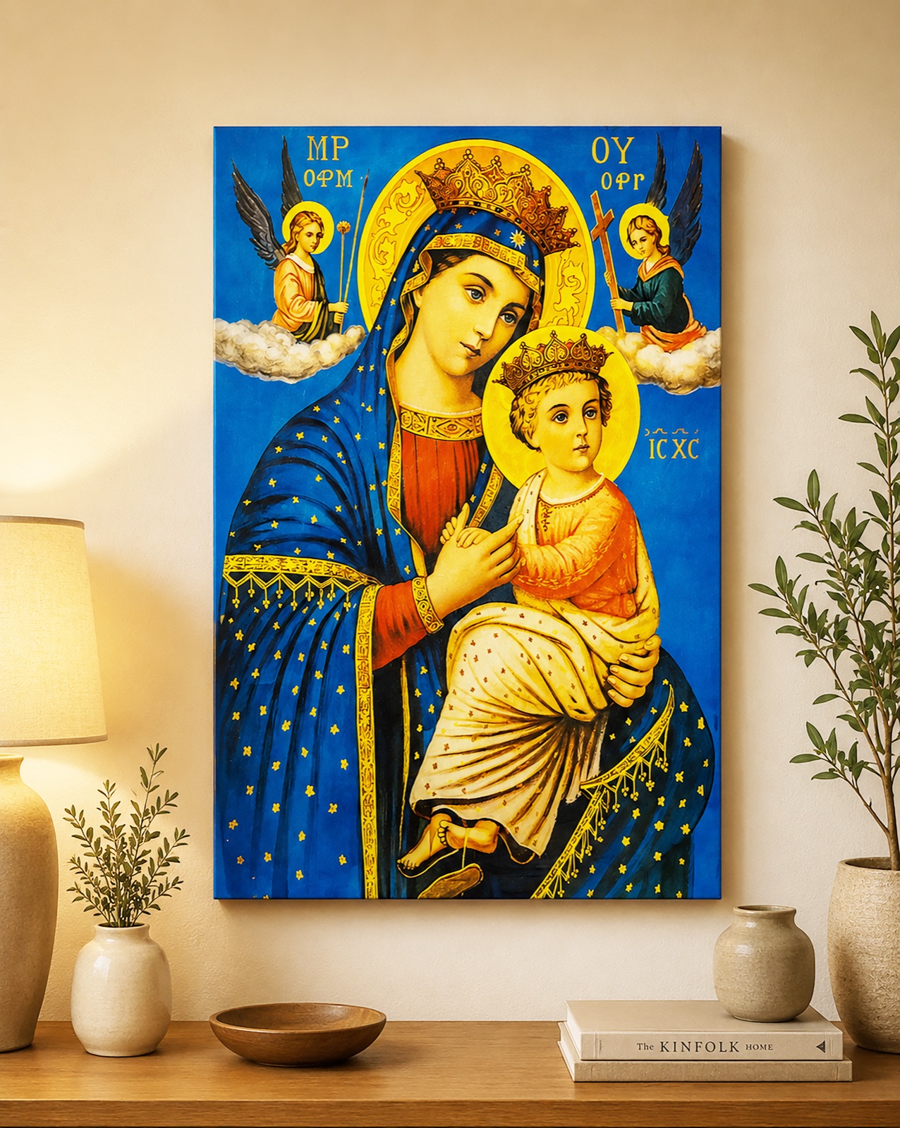 Blue and gold icon of Mary and the Christ child printed on canvas