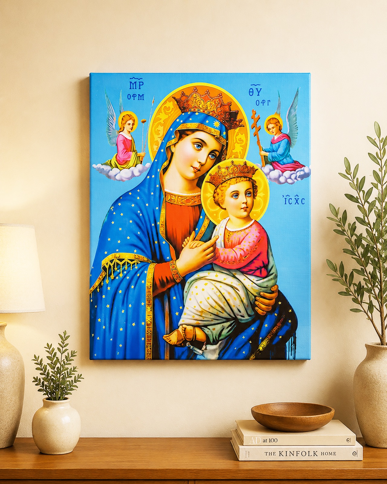 Ethiopian Orthodox icon of Mary and the Christ child printed on canvas, hung in a home