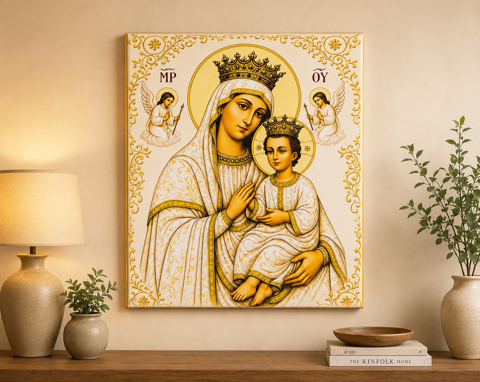 Gold and white icon of Mary and the Christ child printed on canvas