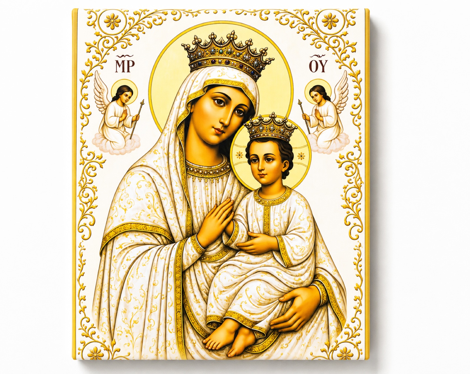 Gold and white icon of Mary and the Christ child on canvas