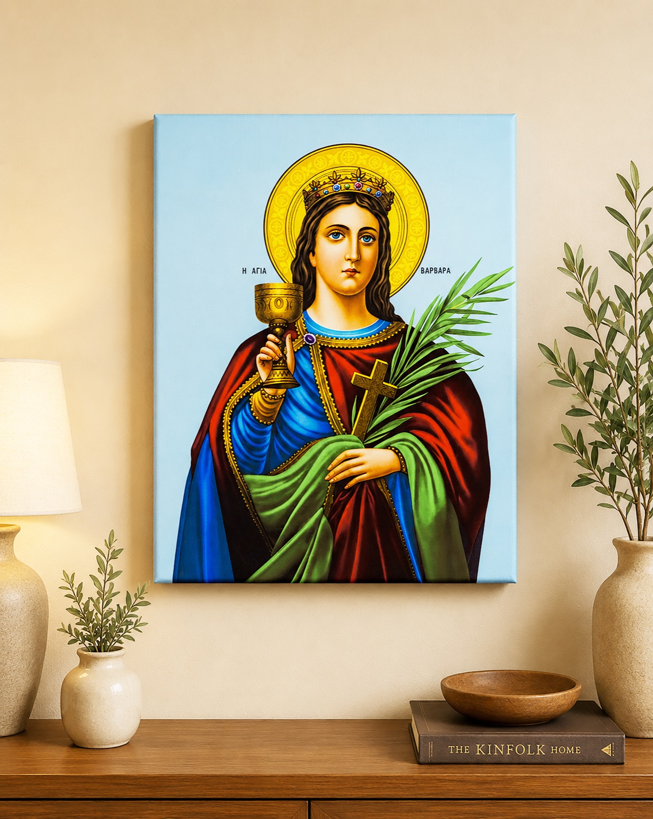 Colorful Orthodox icon of Saint Barbara printed on canvas